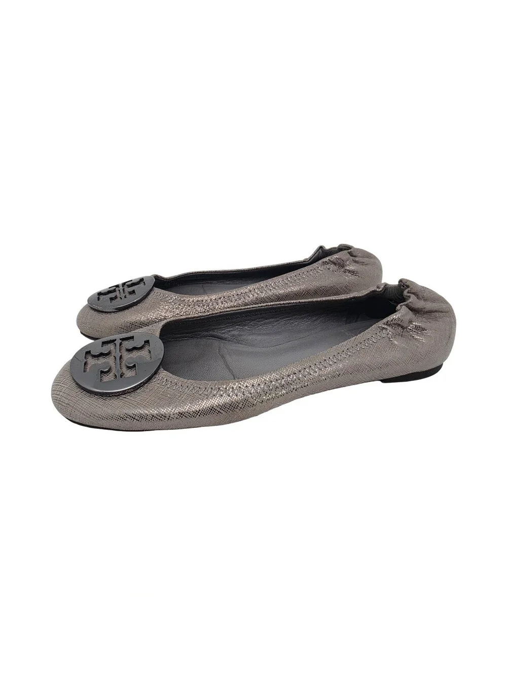 Tory Burch Reva Ballet Flats Pewter Metallic Textured Leather Size 5.5